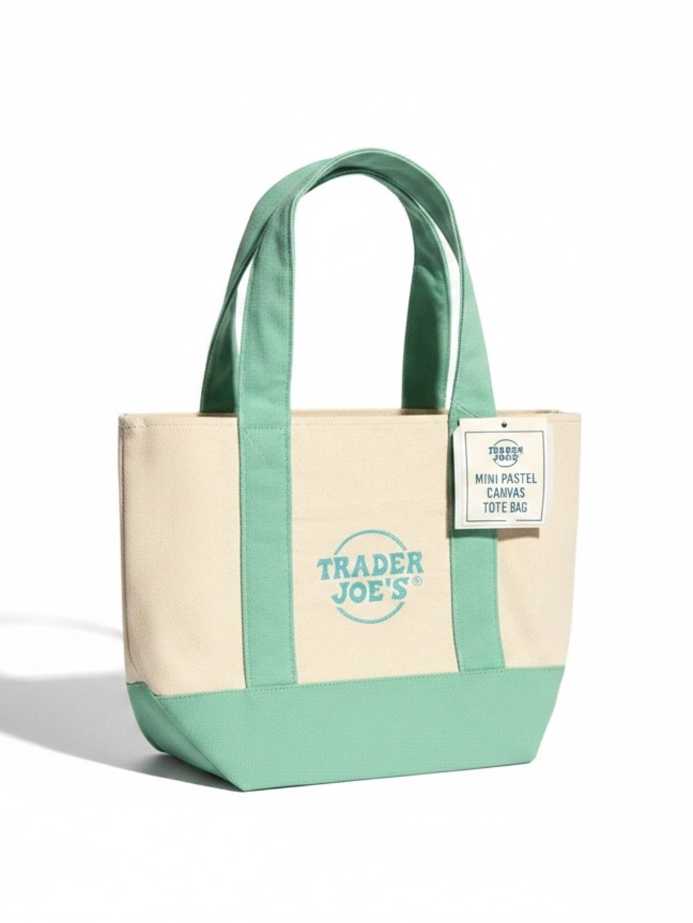 NWT Trader Joe’s Mini Canvas Tote Bag Mint Green & Natural Reusable Bag